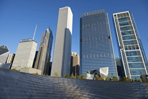 Illinois Prints: BP Bridge in Millennium Park in Chicago, early morning in autumn, with skyline
