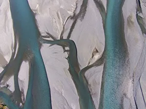 Mid Canterbury Prints: Braided streams of the Rakaia River, Canterbury, South Island, New Zealand, drone aerial