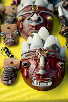 Select Focus Prints: Brazil, Amazon, Alter Do Chao. Typical souvenir handicraft masks made from latex