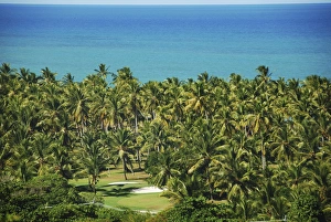 Anthony Asael Prints: Brazil, Bahia, Porto Seguro, Arraial d Ajuda, view on the bay with palm trees