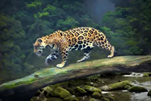 Predatory Prints: Brazil, Pantanal. Abstract of jaguar walking on log