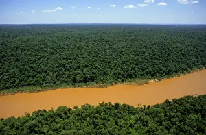 Iguacu Prints: Brazil - Paraguay border. Aerial view of the rainforest canopy and the Paraguay river