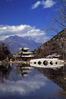 Li Jiang Prints: Bridge and pagoda in Black Dragon Pool Park, Jade Dragon Snow Mountain in the distance