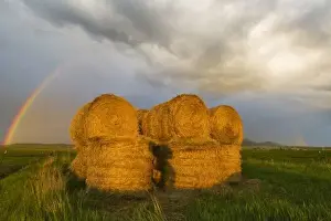 Images Dated 5th June 2008: Briiliant rainbow over hay bales along the Judith Mountain Range near Lewistown Montana