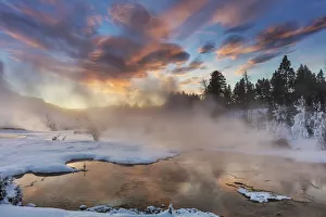 Terrace Prints: Brilliant sunrise clouds over Grassy Spring at Mammoth Hot Springs in Yellowstone National Park