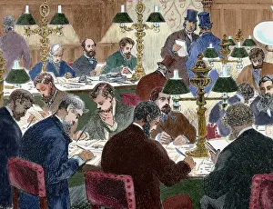 Engraving Prints: Brokers working. Nineteen-century colored engraving