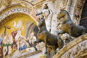 Byzantine Prints: Bronze horses and mosaic above the entrance to Basilica San Marco (Saint Marks Cathedral)