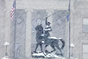 State Capitol Prints: Bronze statue of Thomas Meagher in heavy snowfall in front of Montana State Capitol