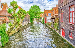 Belgium Prints: Bruges, Belgium. Wide angle landscape view of famous tourist attraction