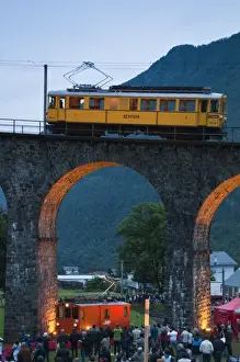 Images Dated 19th June 2010: Brusio, Switzerland. Historic rail cars and trains on the circular railway viaduct in Brusio
