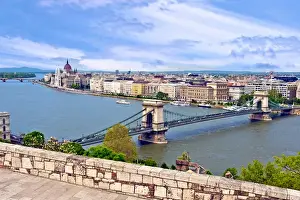 Hungarian Prints: Budapest, Hungary, Scenic view of the Danube River and the Hungarian parliament building