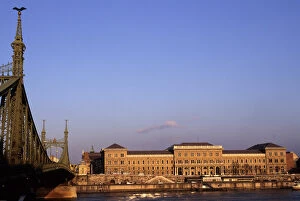 Budapest, Hungary. University of Economics and the Gellert Bridge