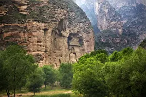 Gansu Province Prints: Buddha Statue Cliff Carving Binglin Si Bright Spirit Buddhist Temple Lanzhou Gansu China