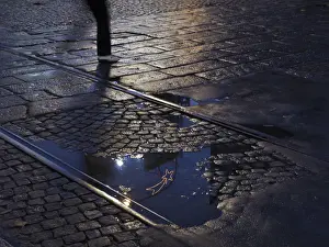 Pavement Prints: Buenos Aires, Argentina, street pavement and reflection in puddle, dismissed tramway