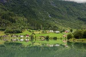 Houses Prints: Buildings. Architecture. Waterfall. Olden. Norway