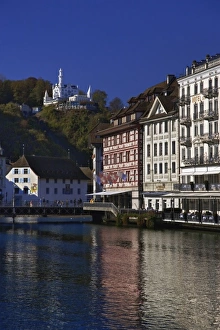 Lucerne Prints: Buildings reflected on Reuss River, Lucerne or Luzern, Switzerland