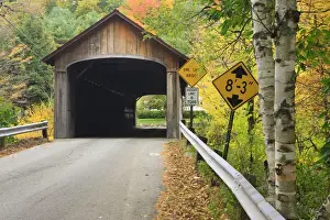 Road Sign Prints: Built in 1837, Coombs Covered Bridge is 118 feet long and spans the Ashuelot River in Winchester