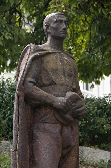 Bulgarian Prints: Bulgaria, Port city of Vidin. Europe Square, statue in pedestrian walkway area