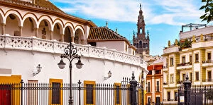 Spain Gallery: Bull Fight Ring Stadium Cityscape Giralda Spire Bell Tower, Seville Cathedral Andalusia