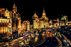 Illuminated Prints: The Bund, old part of Shanghai, China, Night Illuminated with cars