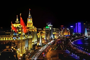 Modern Prints: The Bund, old part of Shanghai at night with cars