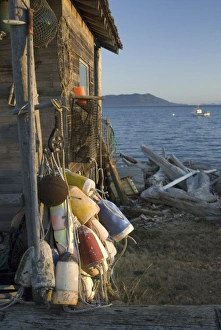 Images Dated 6th September 2006: Buoys on Legoe Bay Fishing Shack, Lummi Island, Washington, US