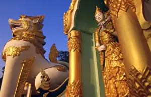 Yangon Prints: Burma (Myanmar), Rangoon (Yangon) Temple guardian to the entrance of the Shwedagon