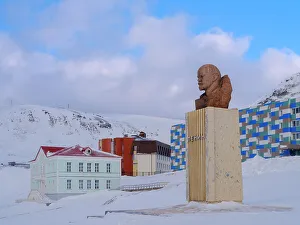 Russian Prints: Bust of Lenin. Russian coal mining town Barentsburg at fjord Gronfjorden