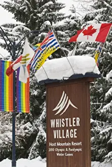 Images Dated 31st January 2008: CA, BC, Whistler. Fresh snow piled atop entrance sign to Whistler Village announcing