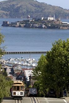 Images Dated 6th May 2010: Cable car and Alcatraz Island in San Francisco, California, USA