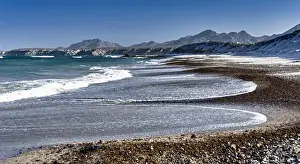 Gravel Prints: Cabo Pulmo, Mexico, Deserted beach with mountain background
