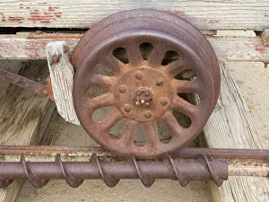 Images Dated 25th January 2024: California, death Valley National Park. Borax Museum, detail of cart wheel and wood brake