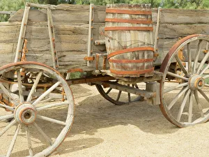 Images Dated 25th January 2024: California, death Valley National Park. Borax Museum, wagon with wood water barrel
