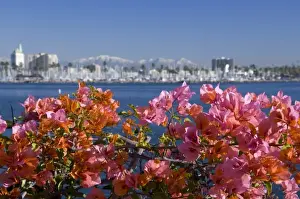 California, Long Beach. Skyline views of the port area of Long Beach. Snow-capped