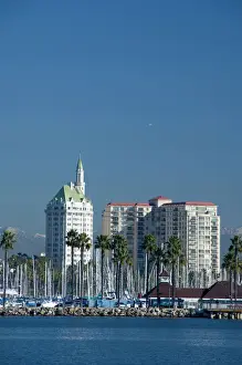 Copy Space Prints: California, Long Beach. Skyline views of the port & marina area of Long Beach. Snow-capped