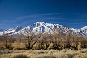 California, USA. Stunning roadside views of snowcapped Sierra Nevada Mountains outside