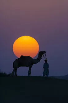 Images Dated 18th March 2005: Camel and person at sunset, Thar Desert, Rajasthan, India