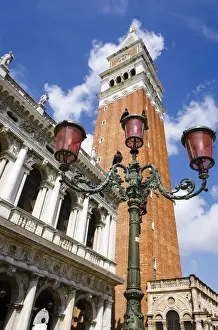 Northern Italy Prints: Campanile San Marco (St Marks Basilica bell tower) and street lamp, Venice, Veneto