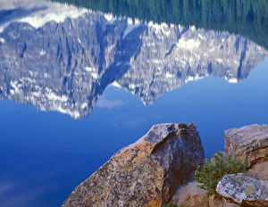 Canada, Alberta, Banff National Park, Lichen covered shoreline rocks and reflection