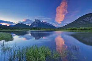 Vermillion Lake Prints: Canada, Alberta, Banff National Park. Cloud reflected in lake at sunrise