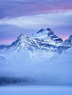 Bow Lake Prints: Canada, Alberta, Banff National Park, Dusk and fog at Mount Hector and Bow Lake