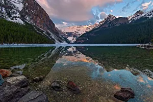 Lake Louise Prints: Canada, Alberta, Banff National Park. Sunrise reflections on calm Lake Louise