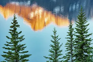 Prints of Canada, Alberta, Banff National Park. Peaks of Mt. Rundle reflected in Two Jack Lake at sunrise Images Dated 2022 December: Canada, Alberta, Banff National Park