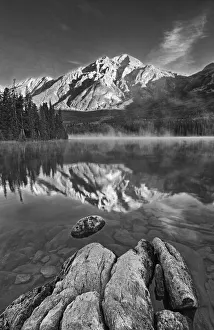 Canada, Alberta, Jasper National Park. Pyramid Mountain reflected in Pyramid Lake