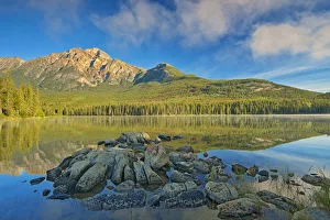 Canada, Alberta, Jasper National Park. Pyramid Mountain and reflections on Pyramid Lake