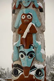 Arts And Crafts Prints: Canada, Alberta, Jasper. Snow covered totem pole
