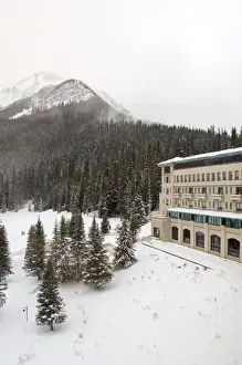 Canada, Alberta, Lake Louise. Farimont Chateau Lake Louise, overview of frozen Lake
