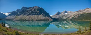 Canada Prints: Canada, Alberta. Panoramic view of the still blue waters of Bow Lake on the Icefields