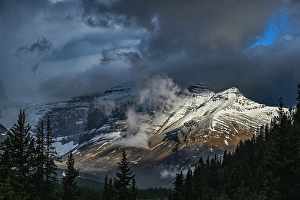Images Dated 21st January 2025: Canada, Alberta. Snowy landscape and glacier along Icefields Parkway