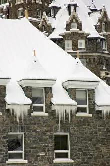 Canada, Banff, Detail of snowy roofline of Banff Springs Hotel